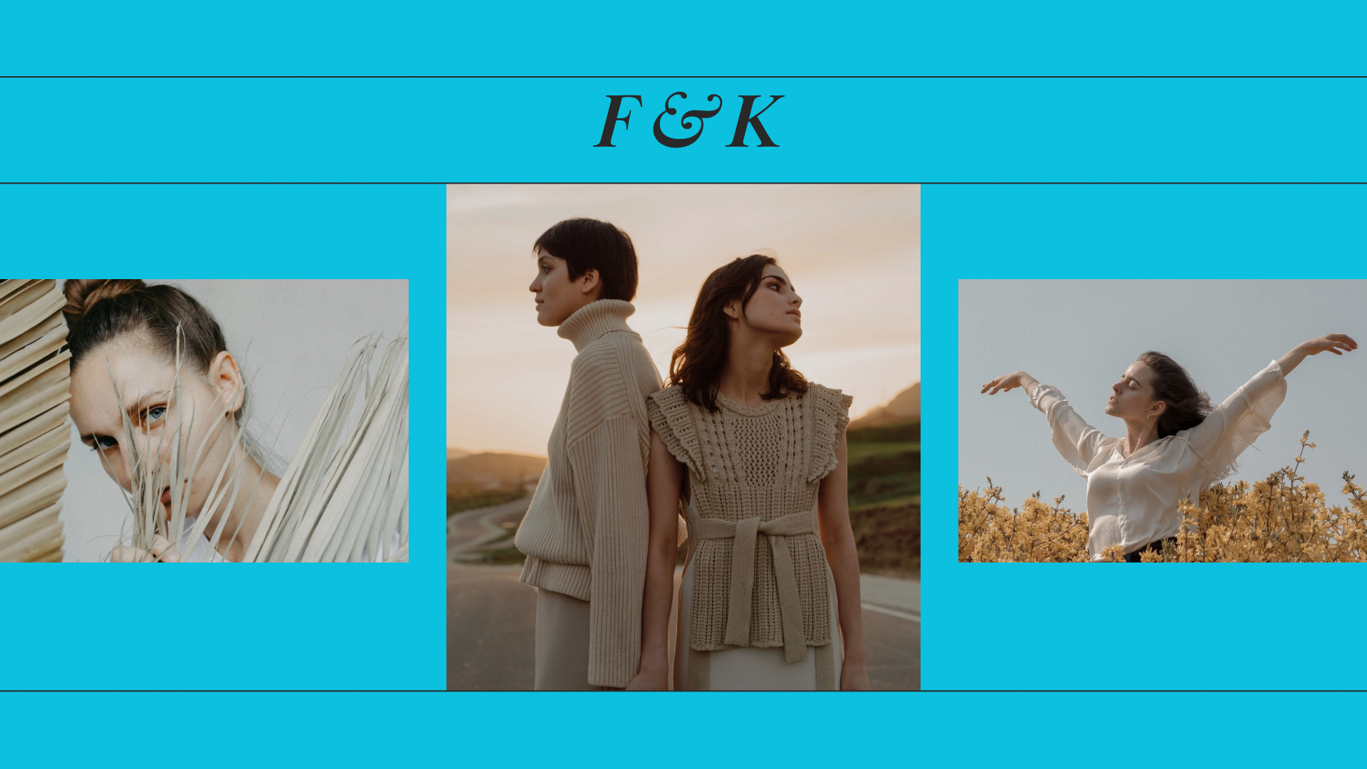 Collage of people in light clothing with 'F&K' branding on a blue background